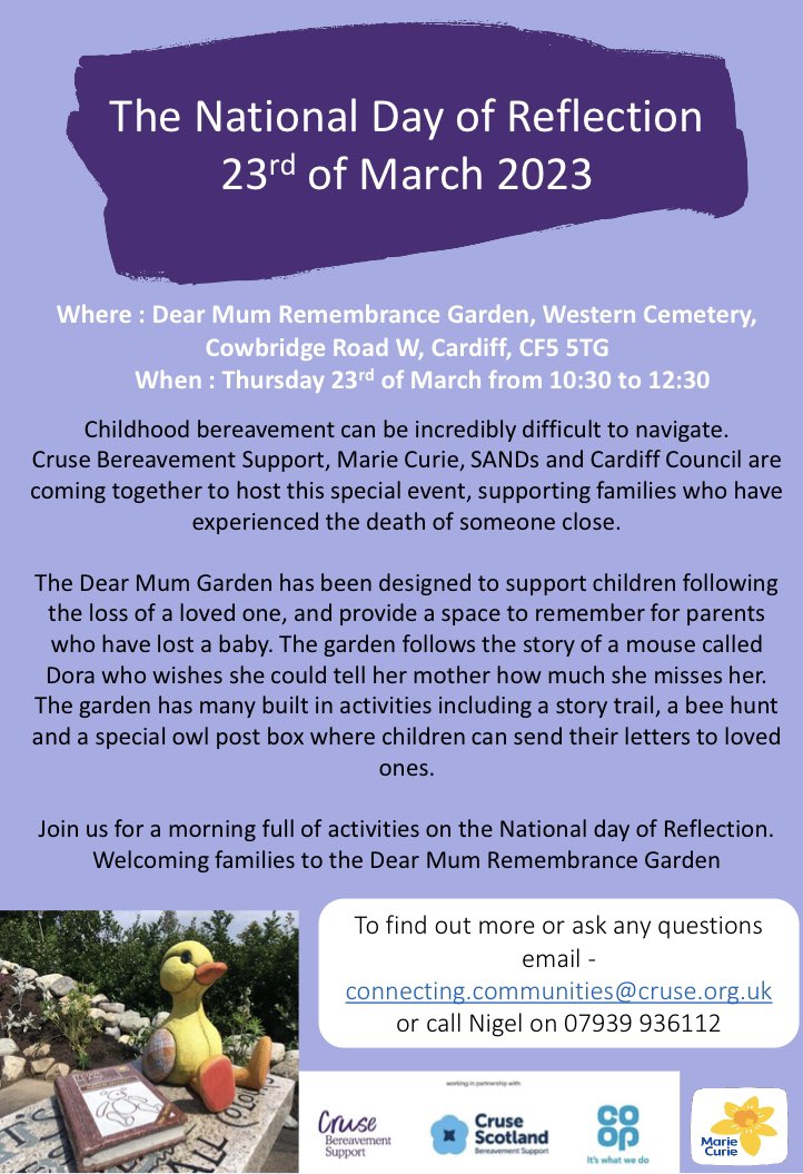RachMarieJones1's tweet photo. @CruseSupport @SandsUK @cardiffcouncil and @MarieCurieCymru are hosting a special bereavement event on 23rd March at the Dear Mum Remembrance Garden in #Cardiff - please come along and share with others 💛 #NDR2023 https://t.co/49CCv9OGhV