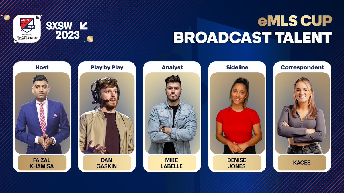 The best in the biz, your broadcast talent for eMLS Cup 🤩

🎙️Host: <a href="/SNFaizalKhamisa/">Faizal Khamisa</a> 
🎙️Play-by-play: <a href="/DanGaskin/">Gaskin</a> 
🎙️Analyst: <a href="/MikeLaBelle/">Mike LaBelle</a> 
🎙️Sideline: <a href="/youknowdenise/">Denise Jones</a> 
🎙️Correspondent: <a href="/CHI_Kacee/">Kacee 🩵</a> 

#eMLS Cup pres. by <a href="/CocaCola/">Coca-Cola</a> Zero Sugar and @TikTok_US #FIFA23
