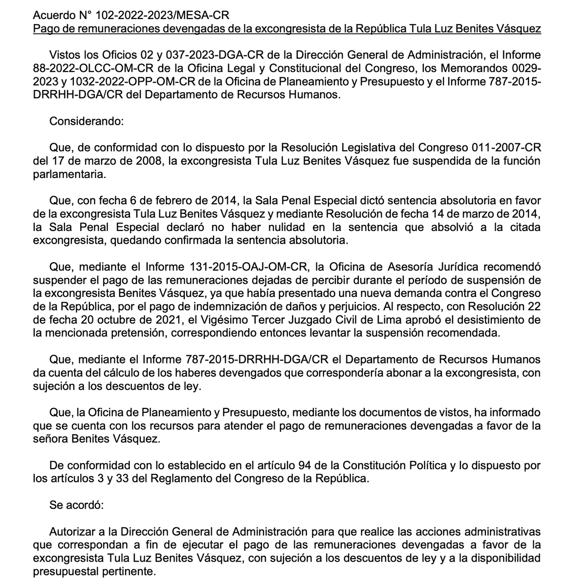 martinhidalgo's tweet photo. #AlertaLegislativa: La exparlamentaria aprista Tula Benites fue desaforada en el 2008, pero absuelta en el 2014, con lo que en el 2015 exigió que el @congresoperu le pague 2,5 millones de soles. Siete años después, la Mesa Directiva de José Williams autoriza ejecutar el pago. https://t.co/Kyn2pdvgnO