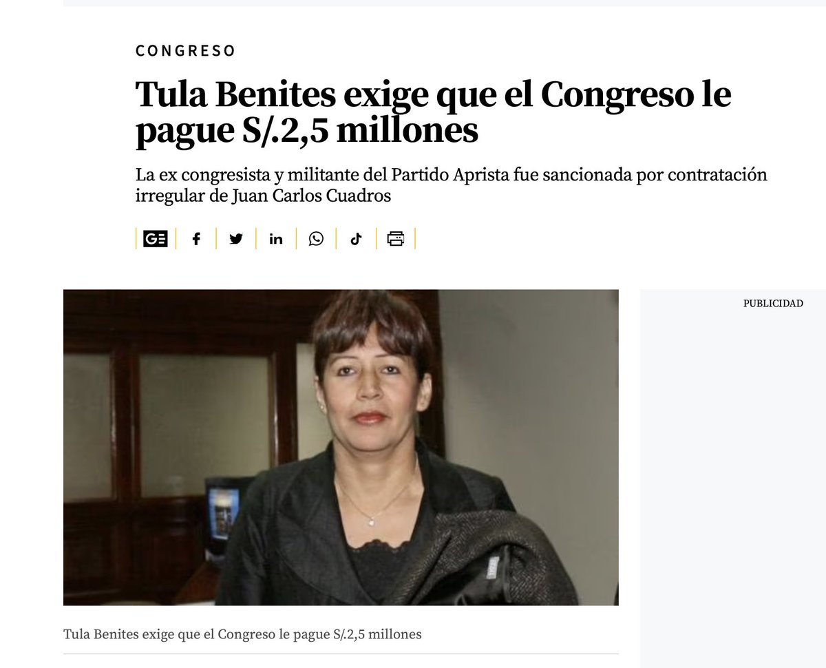 martinhidalgo's tweet photo. #AlertaLegislativa: La exparlamentaria aprista Tula Benites fue desaforada en el 2008, pero absuelta en el 2014, con lo que en el 2015 exigió que el @congresoperu le pague 2,5 millones de soles. Siete años después, la Mesa Directiva de José Williams autoriza ejecutar el pago. https://t.co/Kyn2pdvgnO