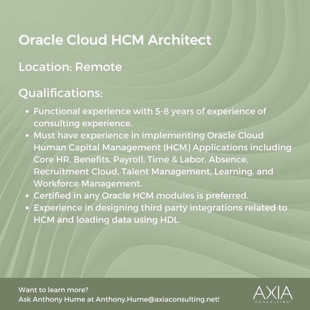 Are you an Oracle applications enthusiast? 
AXIA is hiring! We are growing our Oracle Team in the positions below: ⬇️
Connect with our hiring team for more information! 
axiaconsulting.net/job-openings/
#oracle #financialconsultant #supplychainconsultant #hiring #nowhiring