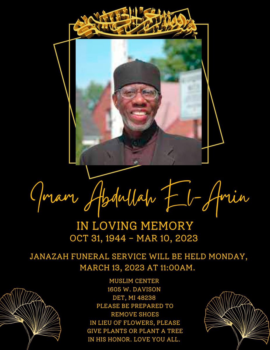 AHRCUSA's tweet photo. Condolences for the passing of Imam A. El-Amin, one of our community’s pillars. May God bless his soul and grant him the ultimate mercy. He will be truly missed. #AHRC #ImadHamad #AHRC #ImamAbdullahElAmin #Detroit #Michigan #MuslimCenter @WhiteHouse @AHRCUSA @GovWhitmer https://t.co/Zg6vFd8U4l