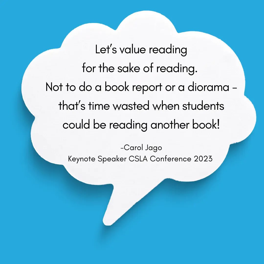 4csla's tweet image. It&apos;s been a week since we heard from @caroljago at the #CSLAConference. In her keynote speech she encouraged our community to help students overcome barriers to reading, beginning with getting our students to read for the sake of reading, to read for fun! #4csla #SchoolLibraries