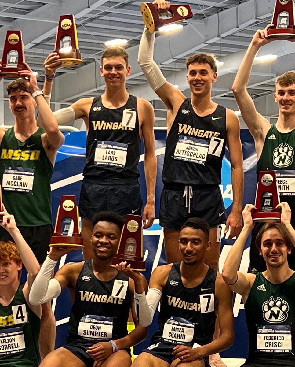 🏆 NATIONAL CHAMPS 🏆

The <a href="/Wingate_XCTF/">Wingate Track & Field and Cross Country</a> Distance Medley Relay Team took home the 2nd national title in program history Friday night!! 

Congrats Lars Laros, Deon Sumpter, Jakob Rettschlag &amp; Hamza Chahid!!! 

#OneDog