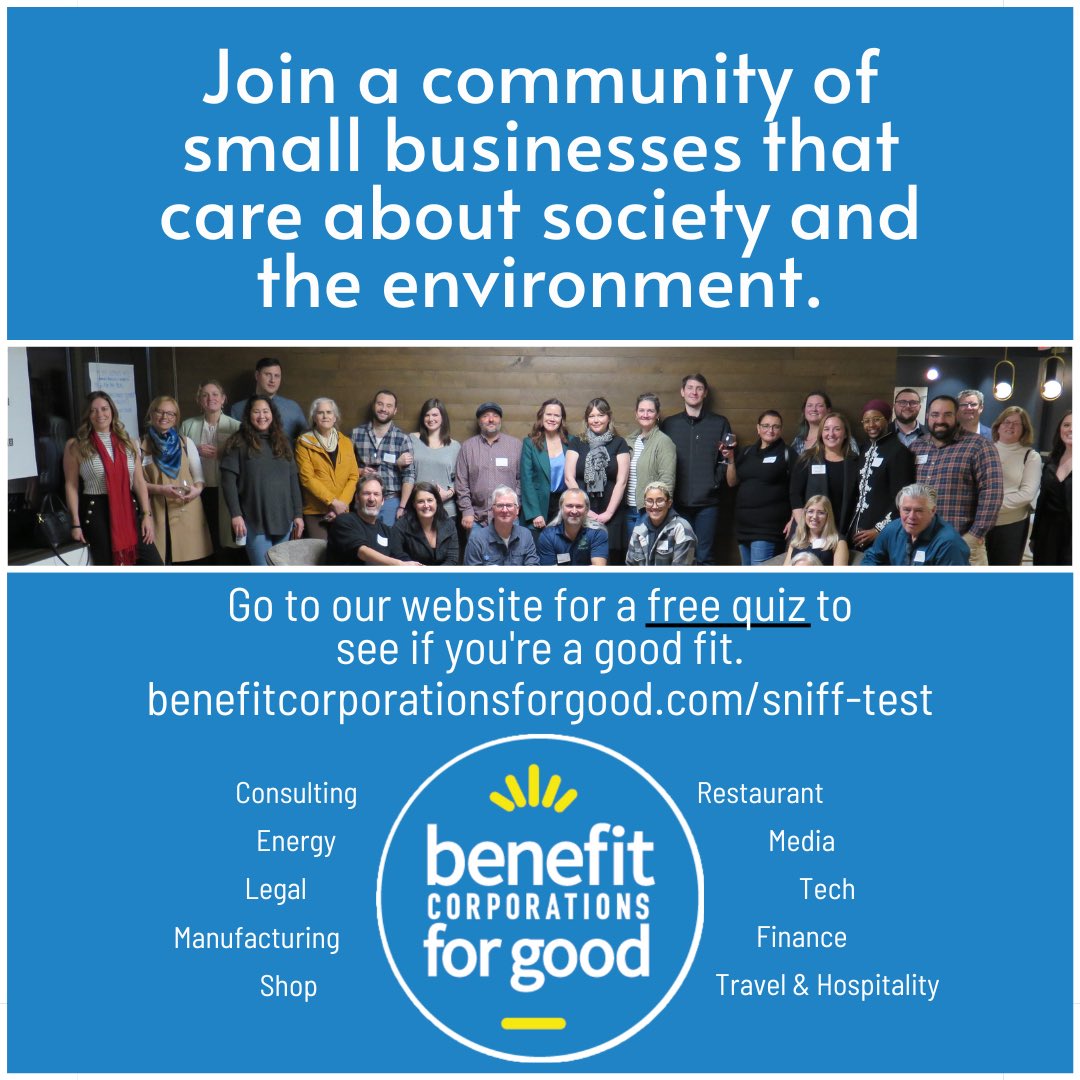 Attention Oregon Benefit Companies! Do you know other businesses that would benefit from becoming a benefit company? Share this post or the link to our free quiz with them to help them determine if they're a good fit. Let's spread the word!

benefitcorporationsforgood.com/sniff-test