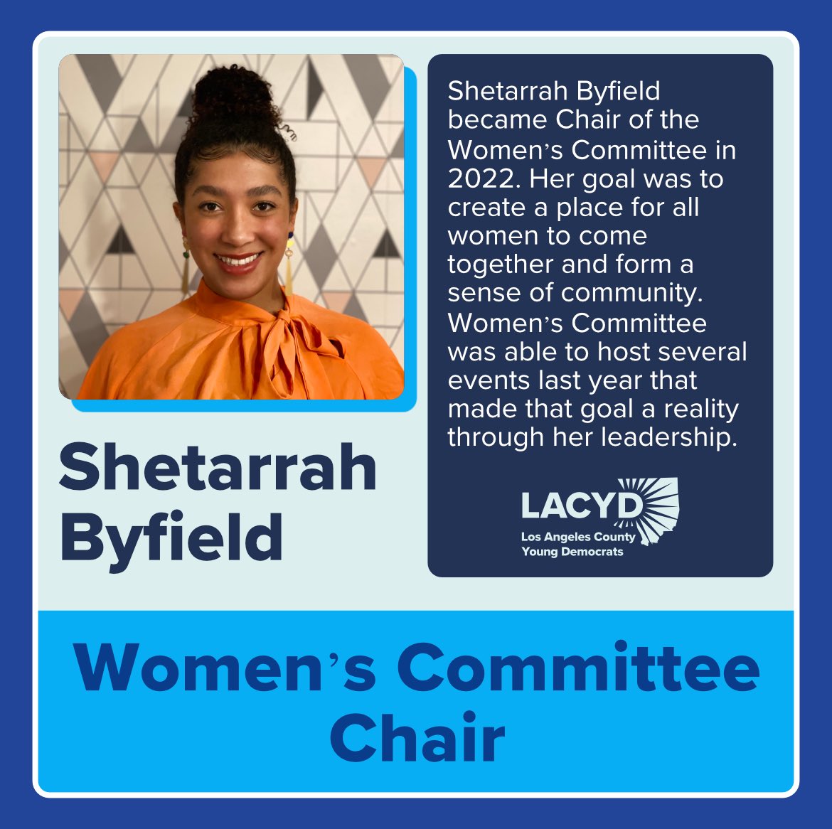 LAYoungDems's tweet photo. Today we are proud to honor Shetarrah Byfield, a true leader and an inspiration to us all. Thank you for your tireless work and unwavering dedication on our Women’s Committee to providing a space space and advancing women's rights. We are proud to have you on our team! https://t.co/TtUFINHfT8