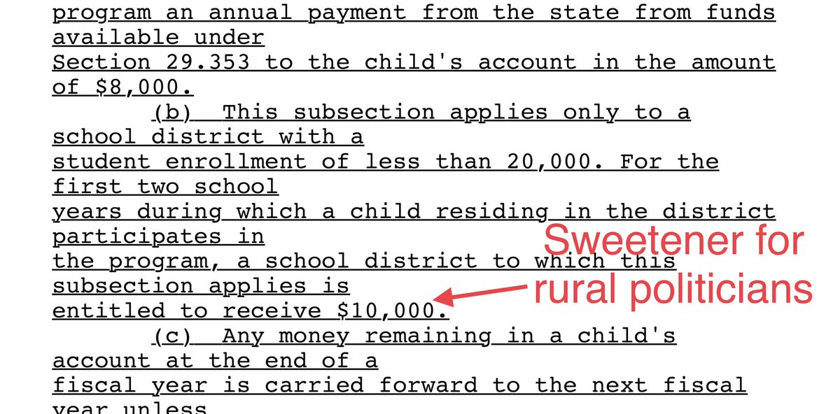 The Texas voucher bill (SB8) is out. 

$8k per year for tuition and fees, materials, assessments, tutors, transportation, educational therapies 

To get rural rep’s votes, in districts with 20k or less kids, districts get $10k per year the first 2 years a kid exits.
#txlege
