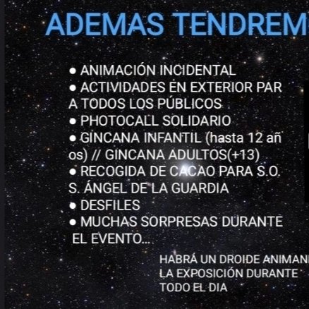 HoloRedEstelar's tweet photo. Horarios de las actividades que tendremos mañana sábado día 11 de marzo
Y recordad que estará abierta de 11 a14 y de 17 a 20 horas... #theforceweekends #jehesXIX #holoredestelarsevilla #starwars #starwarsfan #exposición #Sevillacity #sevillaciudad https://t.co/wWc5QqrRyn