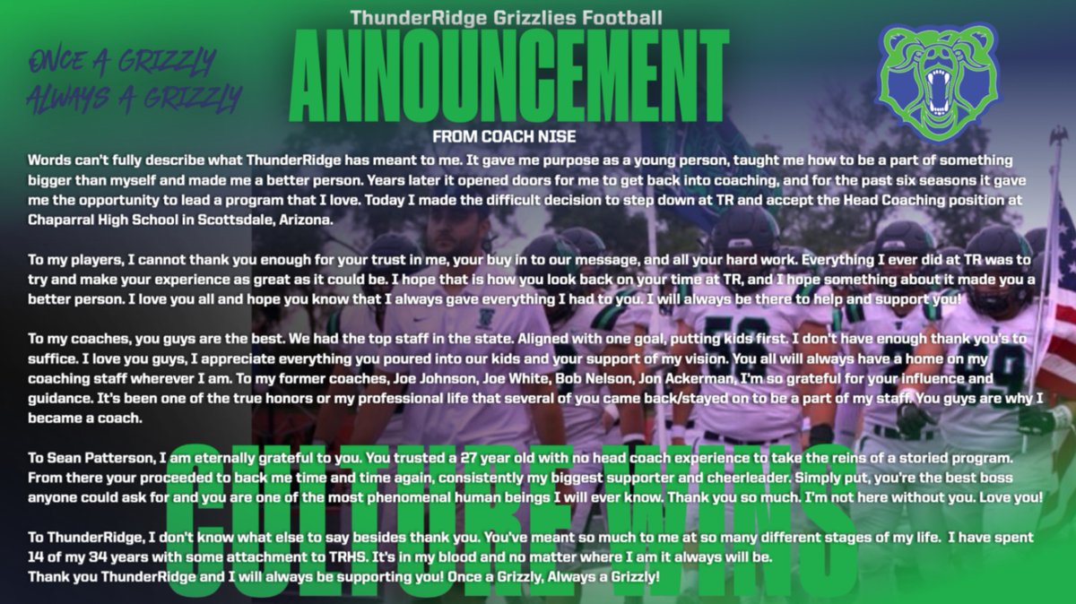 Thank you ThunderRidge! Once A Grizzly, Always a Grizzly! #TRFootball #CultureWins