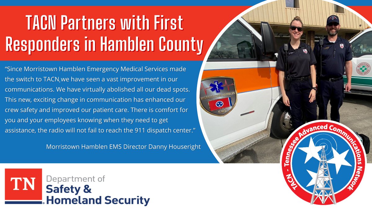Patients needing emergency care in Hamblen County &amp; the EMS professionals who administer this life- saving care are now safer thanks to the improved communication &amp; interoperability with #TACN.
#RespondAsManyCommunicateAsOne