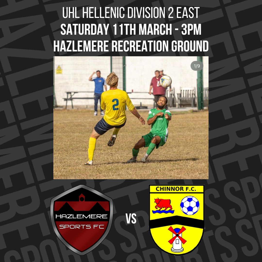 Weather permitting, we face <a href="/chinnorfc/">Chinnor FC</a>   in the uhlsport <a href="/HellenicLeague/">Hellenic League</a> Division 2 East tomorrow.
Kick Off - 3pm
Bar Open 🍻
Hazlemere Memorial Hall, Amersham Road, HP157QA