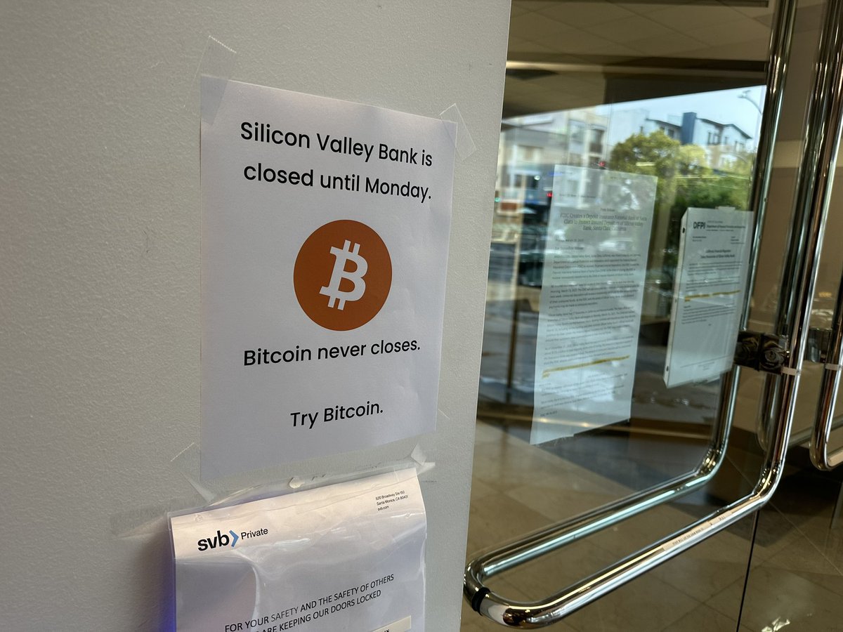 bensig's tweet photo. Silicon Valley Bank is closed (and under liquidation). #bitcoin never closes. Try Bitcoin. https://t.co/NmydJlyAbs