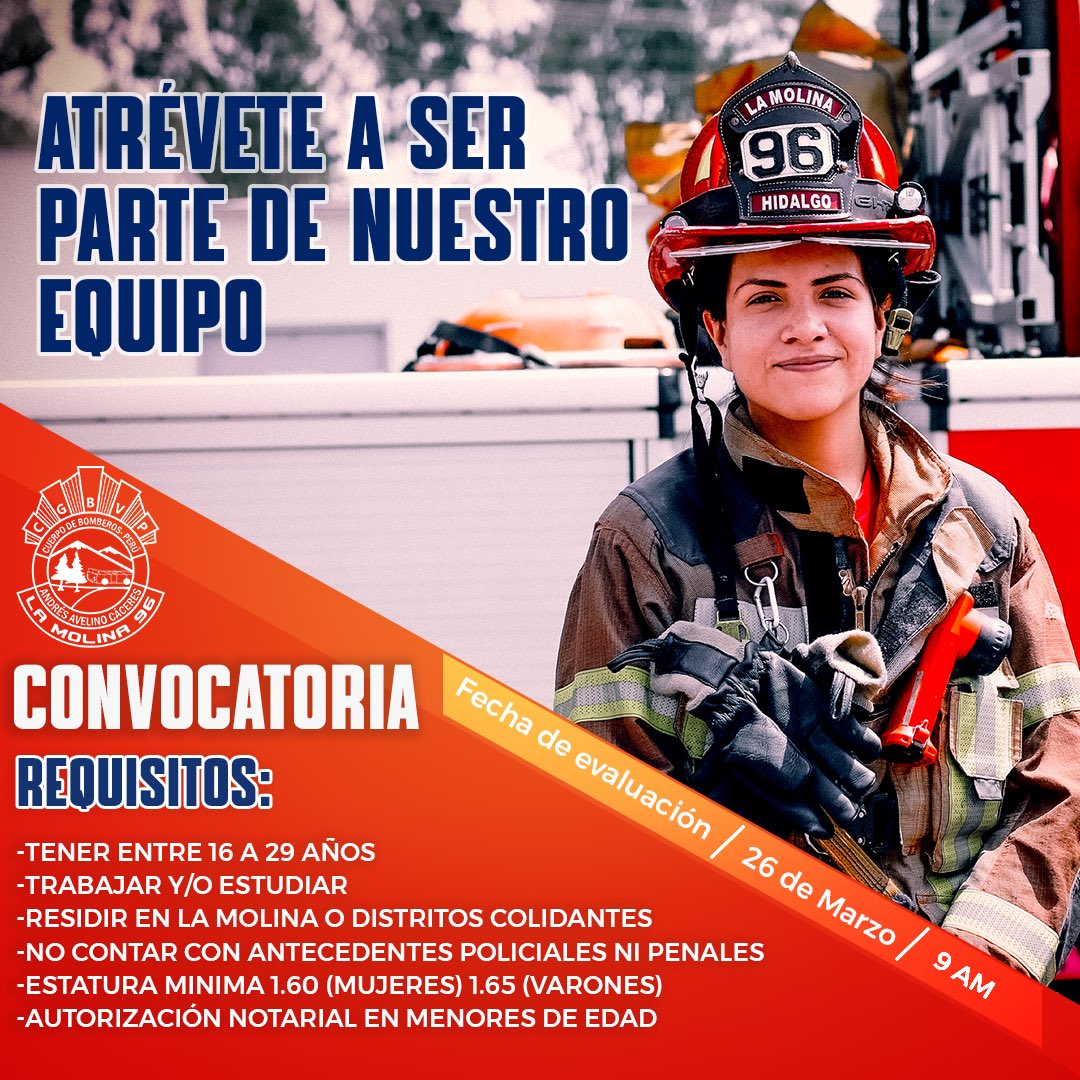 ¿Quieres ser Bombero Voluntario, tener la oportunidad de ayudar a tu comunidad y hacer una diferencia en la vida de las personas?
¡Conoce los requisitos que debes cumplir y postula hoy!
.
Fecha límite: viernes 24 de marzo 
.
Formulario: forms.gle/rdpXejfte91abF…