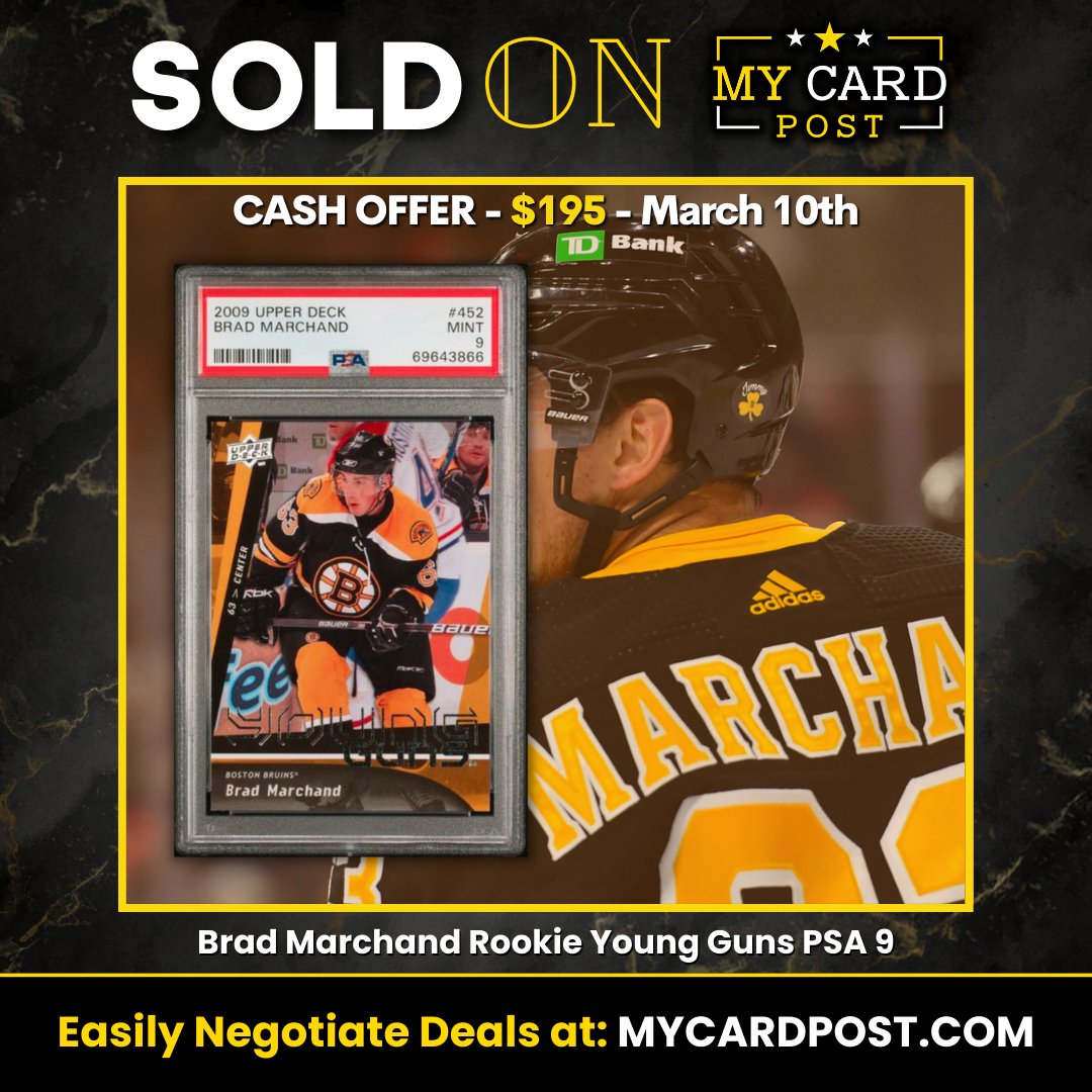 SOLD on MCP for $195! 🔥

2009 Brad Marchand YG PSA 9 🏒

Join our growing community today at MyCardPost.com 🚀

#mycardpost #sportscards #thehobby #whodoyoucollect #hockeycards #nhlcards #bradmarchand #bostonbruins #sportscardsforsale #sportscardsfortrade