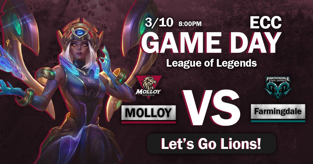 Molloy Esports (@molloyesports) on Twitter photo Today at 8:00pm our League of Legends team faces off against <a href="/FSCEsports_/">Farmingdale State Esports</a>!
Tune in to the stream -> twitch.tv/esportsu Today at 8:00pm our League of Legends team faces off against <a href="/FSCEsports_/">Farmingdale State Esports</a>!
Tune in to the stream -> twitch.tv/esportsu