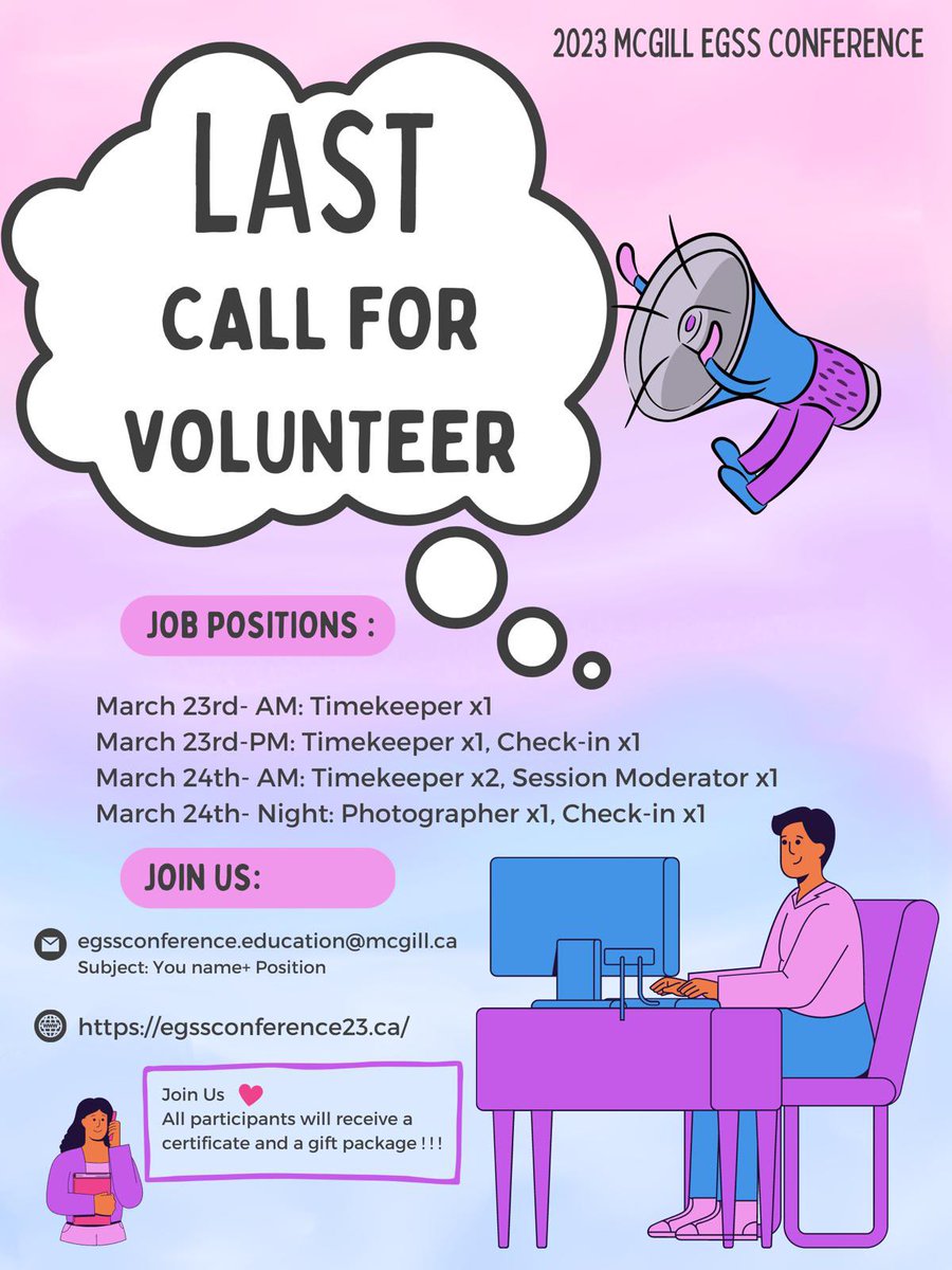 We need more volunteers for the EGSS conference happening on March 23-24! If you’re interested in receiving a certificate for your volunteer work, please sign up!