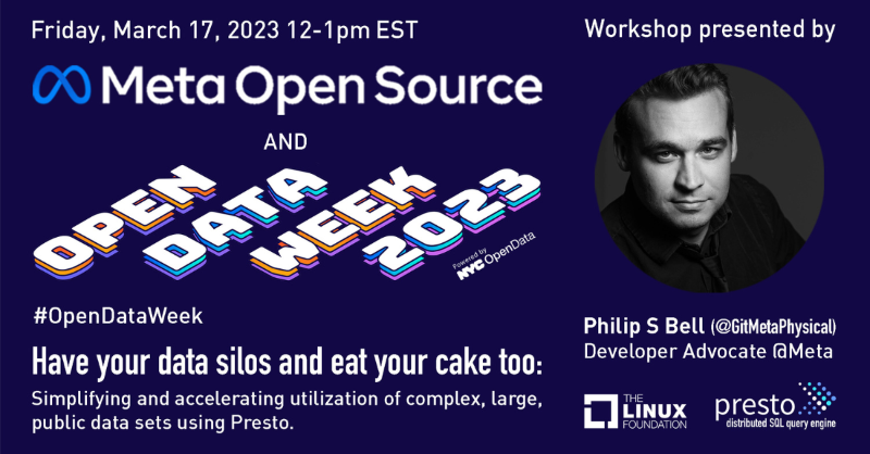 MetaOpenSource's tweet photo. Mark your calendars! 📅

Meta Developer Advocate Philip Bell @GetMetaPhysical will be presenting a workshop on simplifying and accelerating large-scale data sets using Presto as part of #OpenDataWeek on March 17.

Learn more and reserve your spot: https://t.co/Ws3s0IxlMC