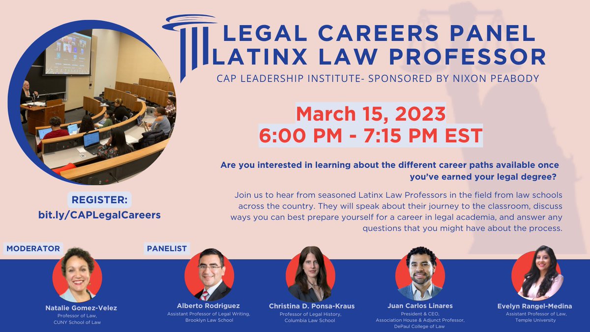 Spring Break may be next week, but careers won't wait! Join a panel of #Latinx Law Professors on Wednesday, March 15 from 3:00 - 4:15 PM PST via Zoom to hear about their experience and how you can prepare yourself for a career in legal academia.

Register: bit.ly/CAPLegalCareers
