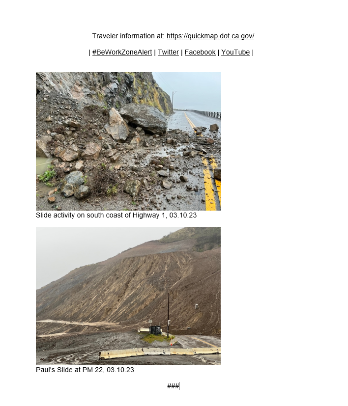 CaltransD5's tweet photo. On the #BigSur Coast: Crews continue to respond to multiple incidents of slides and rockfall on #Hwy1. Southern closure limit moved ten miles south of #RaggedPoint to Elephant Seal Vista area in #SanSimeon. Crews will continue cleanup operations during all daylight hours. https://t.co/aStMKix8mi