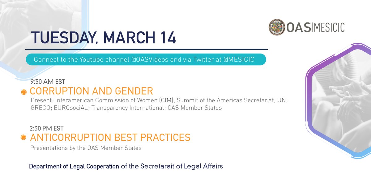 Learn about the Agenda for the 39º Meeting of the #MESICIC of @OAS_official
Join the webcasts on #Corruption and #Gender and #Anticorruption #BestPractices!
@CIMOAS @SummitAmericas @UNODC @coe @EUROsocial_ @anticorruption

+ info: bit.ly/40gn8wX / bit.ly/3ZFEBi8