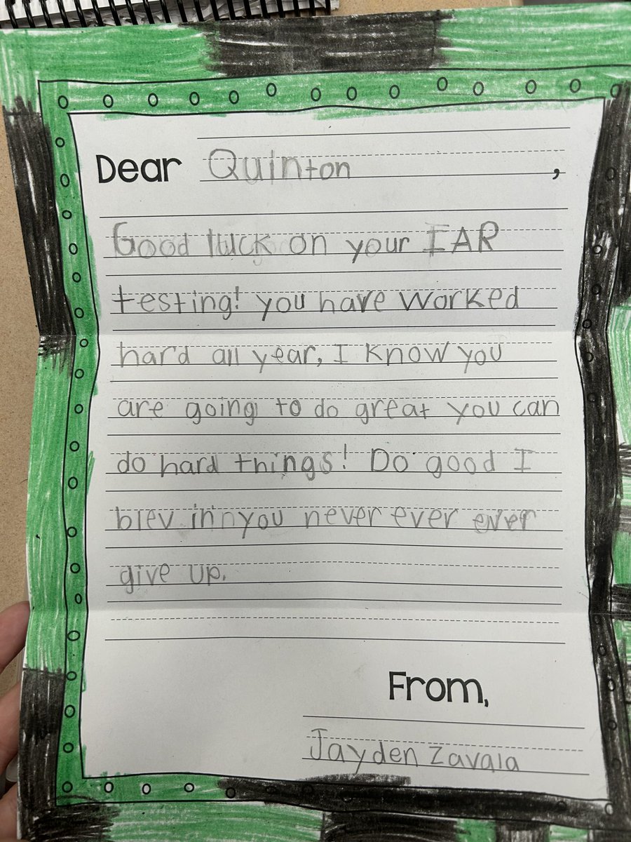 MsDGuzman's tweet photo. Our second grade buddies wrote us kind letters before we take our IAR test next week. @MrsQualter thank you! https://t.co/bXNM0NgyfM