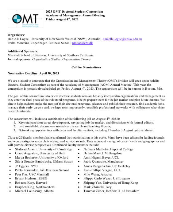 bureaulab's tweet photo. Organization &amp; Management Theory Division Doctoral Consortium @AOM_OMT 2023. Danielle Logue &amp; I are coordinating the event scheduled on Friday August 4th, 2023. The consortium will be in person in Boston. Nomination Deadline: April 30, 2023. https://t.co/onqGFM9fsu @AOMConnect https://t.co/kpbENrNBrE
