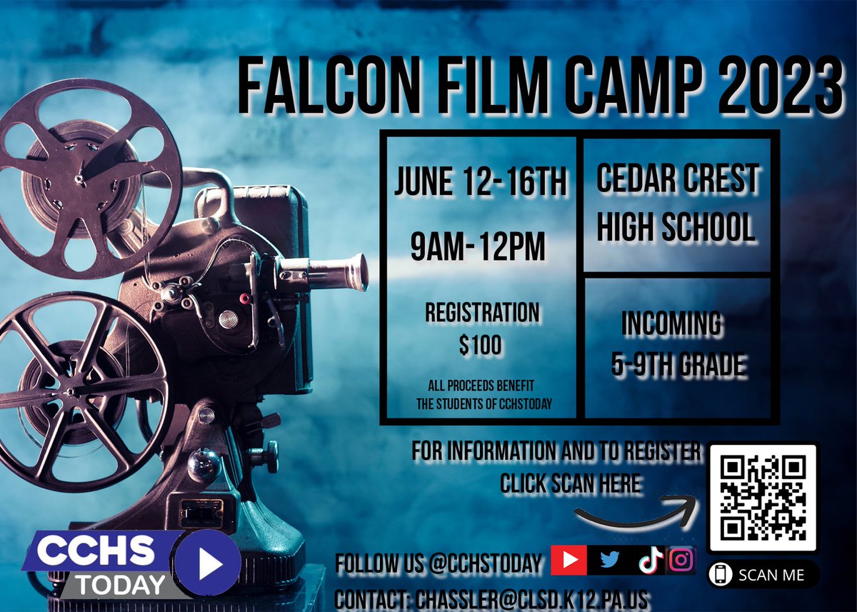 Falcon Film Camp 2023 will be held at CCHS from June 12-June 16th and is intended for incoming 5th through 9th graders.  

Click here for more info: forms.office.com/pages/response…