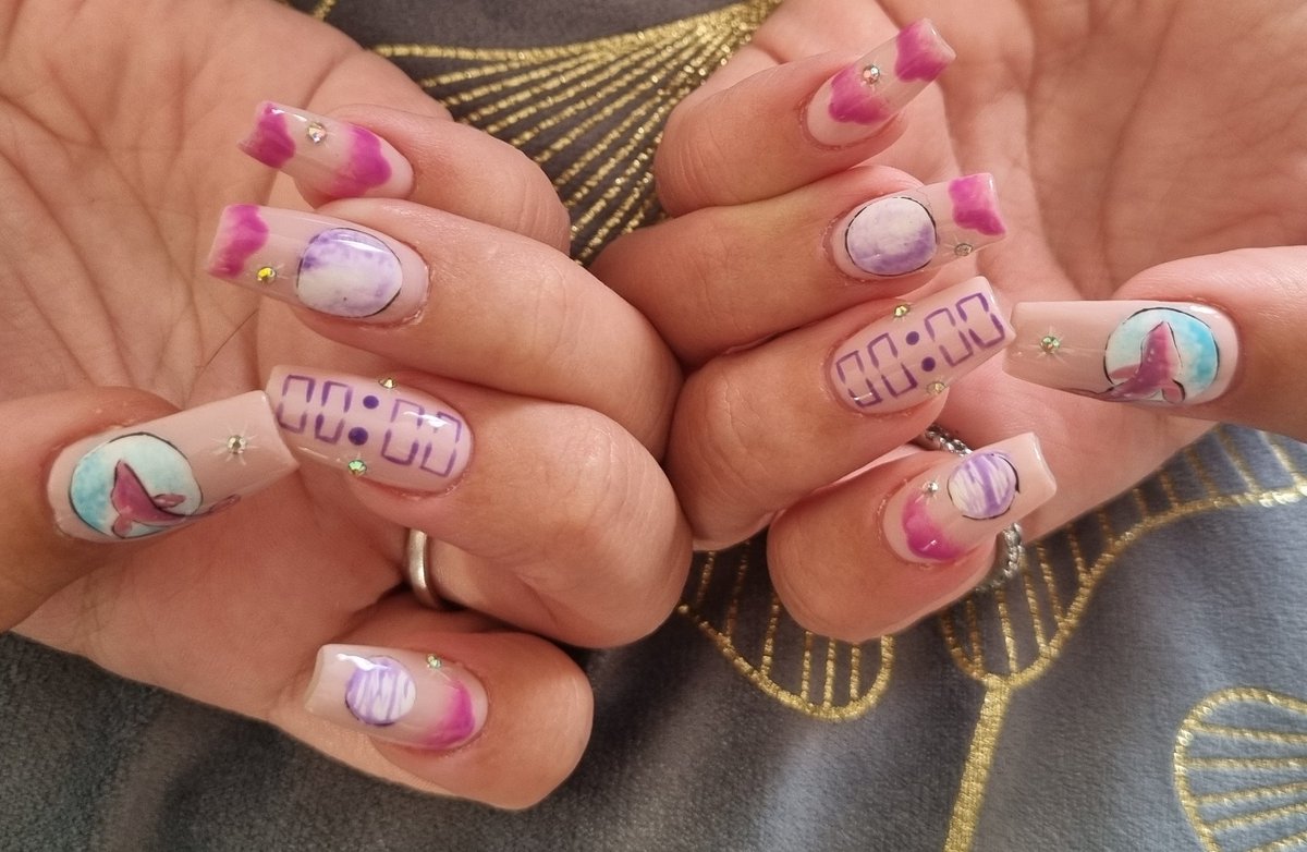 FancyShooky's tweet photo. I'm just here to show the beautiful BTS  Zero O'clock nails I got yesterday 😭😭 I'm so happy, no body cares, but I wanted to share cause I'm in love💜 https://t.co/5HToZHGICD