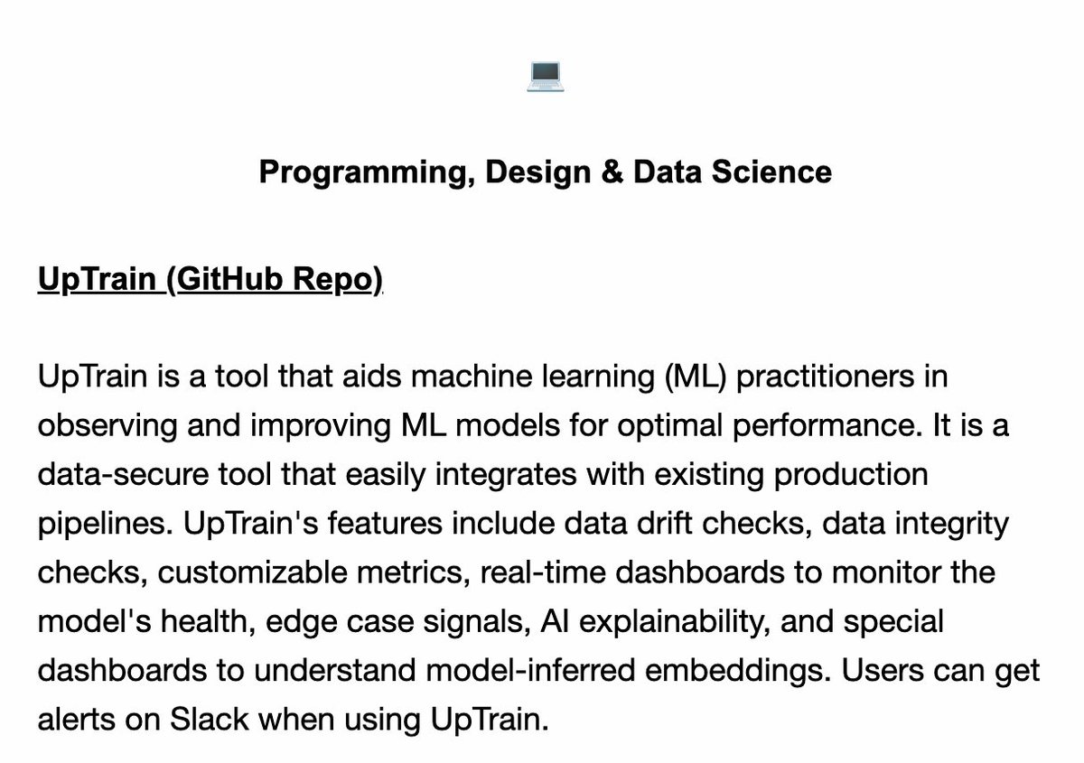 UpTrainAI's tweet photo. Thanks @tldrnewsletter for featuring us! Check us out here: https://t.co/bxh1PAjQ3U
#MLOps #MachineLearning #uptrain https://t.co/MJOwghlfmG