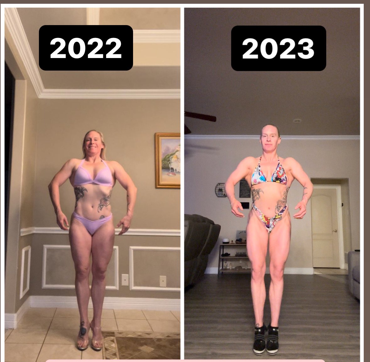 SheHulk0683's tweet photo. These pics are about a year apart. Not huge changes but it's only year #2 of competing and only a 3 month off season. Excited for a longer off season after my comp at the end of June. Growth takes time when your not heavy on the shit 🤣 https://t.co/oPIBNmvAXP