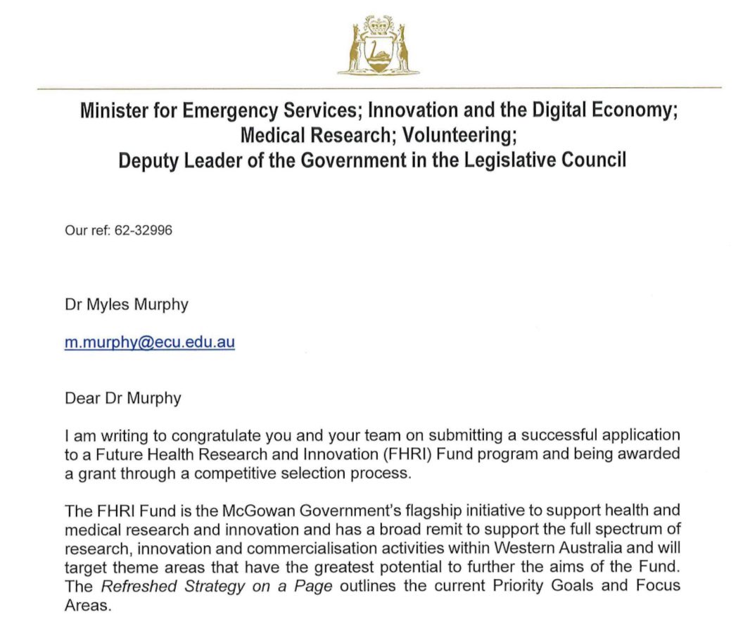 myles_physio's tweet photo. Very grateful to be awarded a WANMA to support my research at @MHS_ECU 🙏🏻

The #FHRI fund is a fantastic initiative by the @MarkMcGowanMP government to boost WA research capabilities and support early-career researchers. 

Keen to get stuck in on my project with my amazing team! https://t.co/uPjYvqnuqg