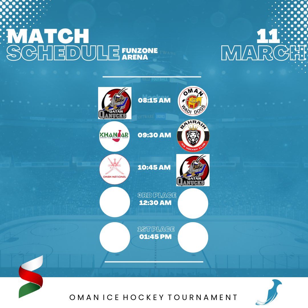 OSSC_OM's tweet image. اليكم الجدول الزمني لكل يوم مباراة في بطولة عمان لهوكي الجليد 🇴🇲 

ستقام البطولة في @Funzoneoman (عمان، شارع القرم، مسقط 112، عمان) 📍 

لذلك نرحب بجميع لتشجيع فريقهم (الدخول مجاني) 🥳
