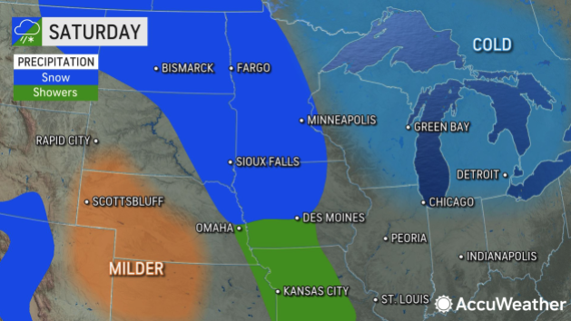 By Saturday morning, snow will expand into Minnesota and Iowa, then arrive in Wisconsin and portions of Illinois, Indiana and Michigan by Saturday night. https://t.co/HhJicRE9kr https://t.co/MsSDDYPnVV