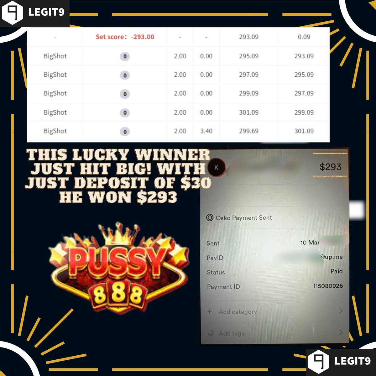 Legit9Aus's tweet photo. 👑LEGIT9👑
Today's lucky member deposited $30 and won $293 !! 😍

Platform : Pussy888
Game : BIGSHOT
Win Rate : 71.18%

Message our Customer Service now and get the HOTTEST BONUS 🔥💰🔥💰and win some cash back home!! 🤑🤑🤑🤑

https://t.co/viVUXv25mw https://t.co/eJLUVO0T5Z