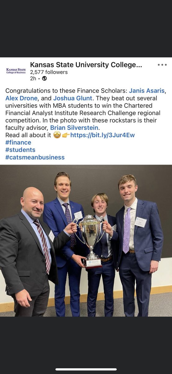 Congratulations to our past-president Joshua Glunt on winning the Chartered Financial Analyst Institute Research Challenge regional competition. He and his team even beat out masters students! Way to go Josh!