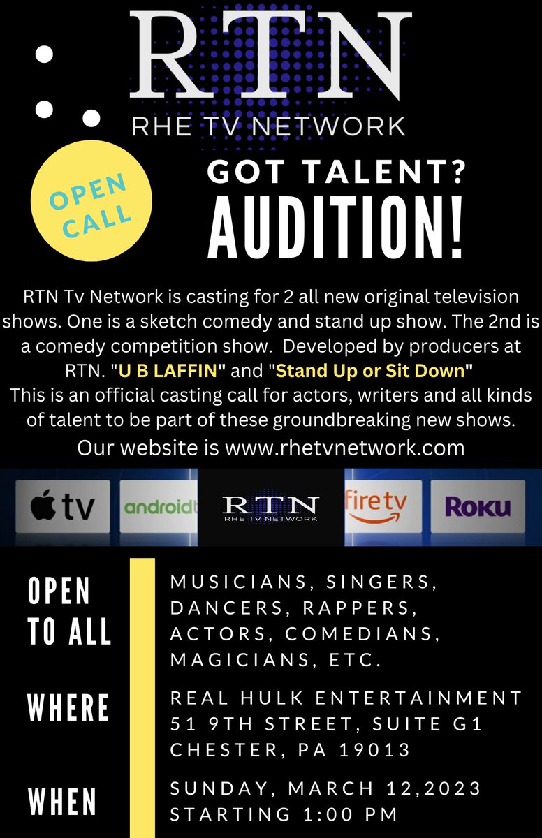 RealHulkRecords's tweet photo. Make your way to Real Hulk Entertainment this Sunday, March 12, 2023, at 1:00 PM because we're having a open casting call for all writers, actors, and performing arts creatives looking for their next big break. Real Hulk Entertainment plans on producing a ske https://t.co/ZOvDi7Dcv1