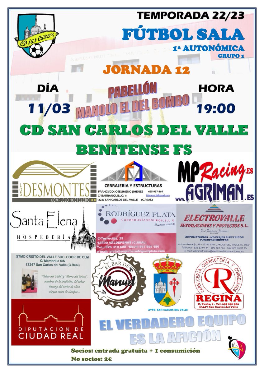 Jornada 12| Esta jornada nos enfrentamos al líder del grupo, un encuentro difícil en el que el CD San Carlos intentará sumar. El partido será mañana sábado a las 19h en el pabellón Manolo el del Bombo.