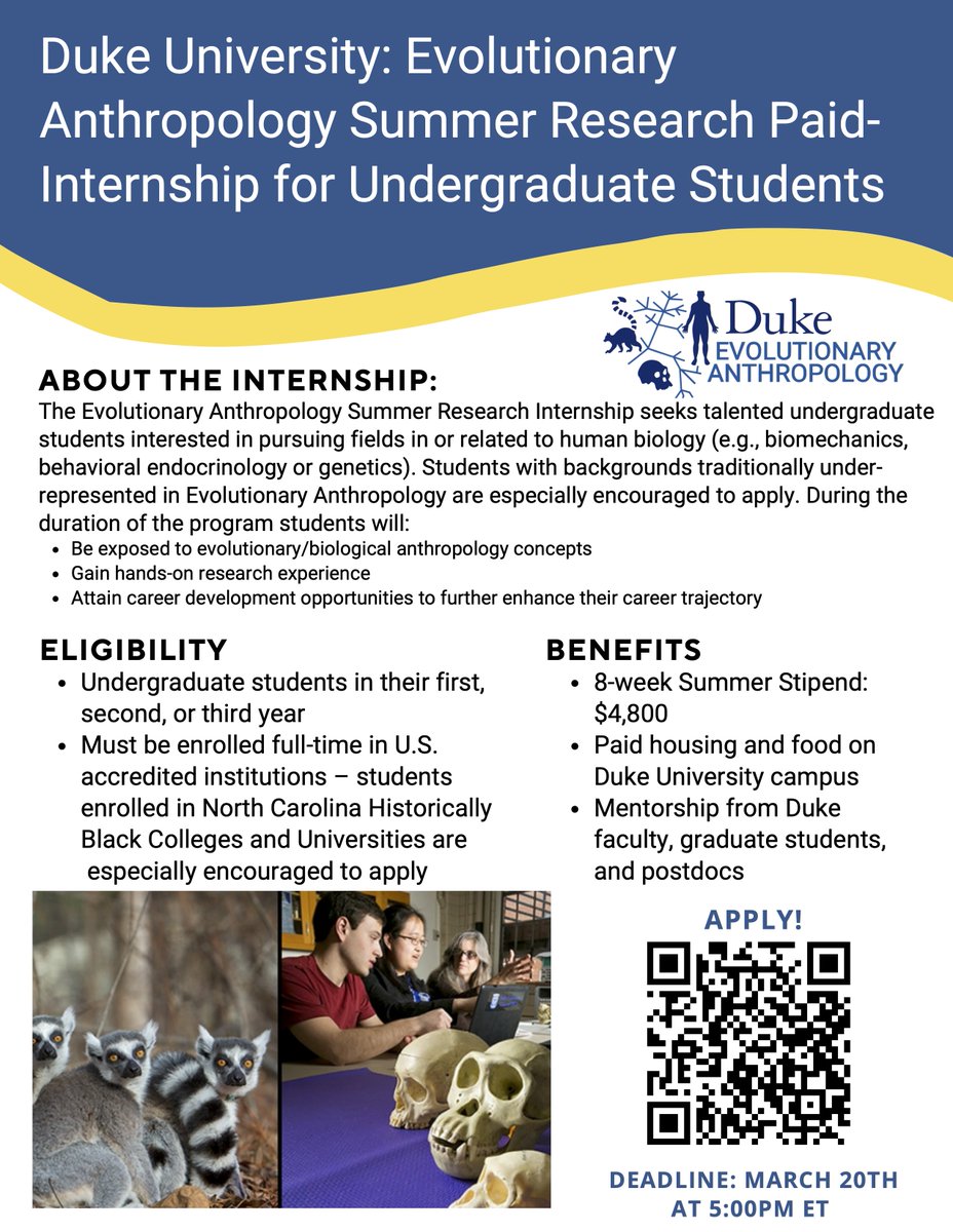 <a href="/EvAnthDuke/">Duke Evolutionary Anthropology</a> @DukeFacultyAdv @bharedogguy <a href="/DukeTrinity/">Trinity College at Duke</a> The support from @DukeFacultyAdv will help enhance this internship opportunity, developed with  <a href="/alisha_anayad/">alisha anaya</a>, <a href="/Alma_Solis_/">Alma Solis</a> and <a href="/madelyngalimore/">Dr. Madelyn G. Crowell</a> Please share &amp; spread the word! Application deadline: Mon Mar 20.