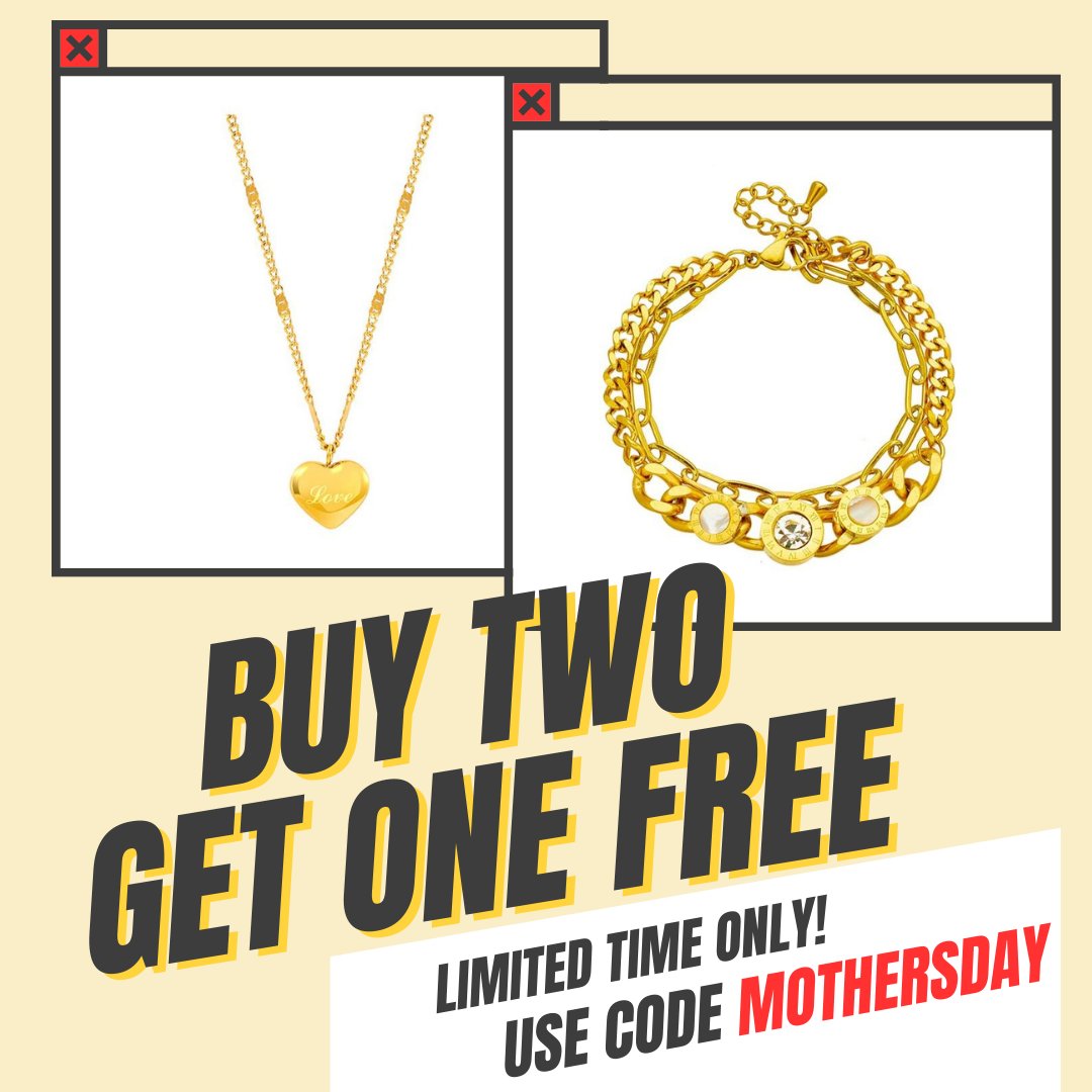 Attention jewellery lovers! 💍🎉 Celebrate Mother's Day with our amazing buy-two, get-one-free sale! Use discount code MOTHERSDAY to take advantage of this limited-time offer. Don't miss out! #MothersDaySale #JewellerySale #BuyTwoGetOneFree #GiftsForHer #ShopNow #JewelleryLovers
