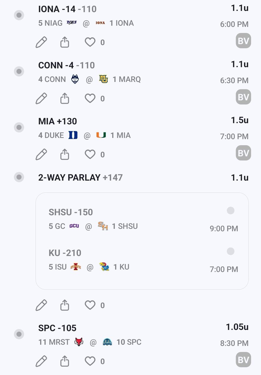 2-2 so far Today with Toledo -5.5 pending 

Haven't posted many #FreePicks on here this week but here's tonight's card 
Loaded CBB🏀

#GamblingTwitter #CBBPicks #BettingTwitter #MarchMadness #ChampWeek #sportsbettingtwitter #SportsGambling