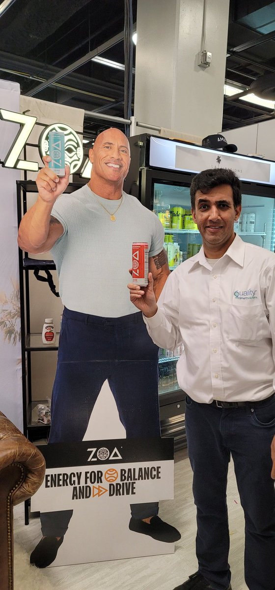 I missed <a href="/gal_gadot/">gal_gadot</a> at @natprodexpo at the @allgoodles booth so I searched for another superhero. I found <a href="/TheRock/">Dwayne Johnson</a> and @zoaenergy! #blackadam. Okay, maybe not quite the same but at least I've tried zoa energy! Here's raising the eyebrow to energy. 😃#expowest2023, #zoaenergy
