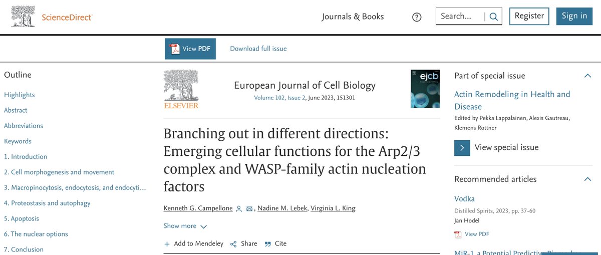 Glad to see our lengthy review on Arp2/3 complex and WASP-family proteins from <a href="/NadineLebek/">Nadine Lebek</a> and <a href="/VA_LyleKing/">Virginia Lyle King</a> is online.  Unclear why the top recommended article is simply "Vodka":
sciencedirect.com/science/articl…