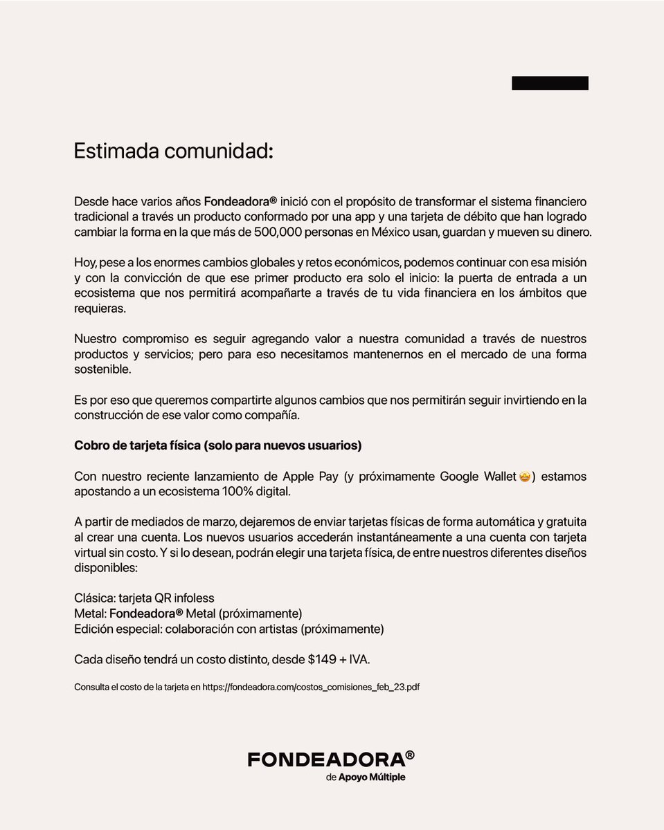 Fondeadora's tweet photo. Siempre serán lo más importante para nosotros. Queremos que juntos y con la claridad necesaria, demos un paso de gigante hacia el futuro. 

Para eso, les compartimos el siguiente comunicado. 

Los queremos y los cuidamos,
Fondeadora 

🍀🧚🏾💳🤑✨

#fondeadora #fondea #debit https://t.co/0ok1CpmPke