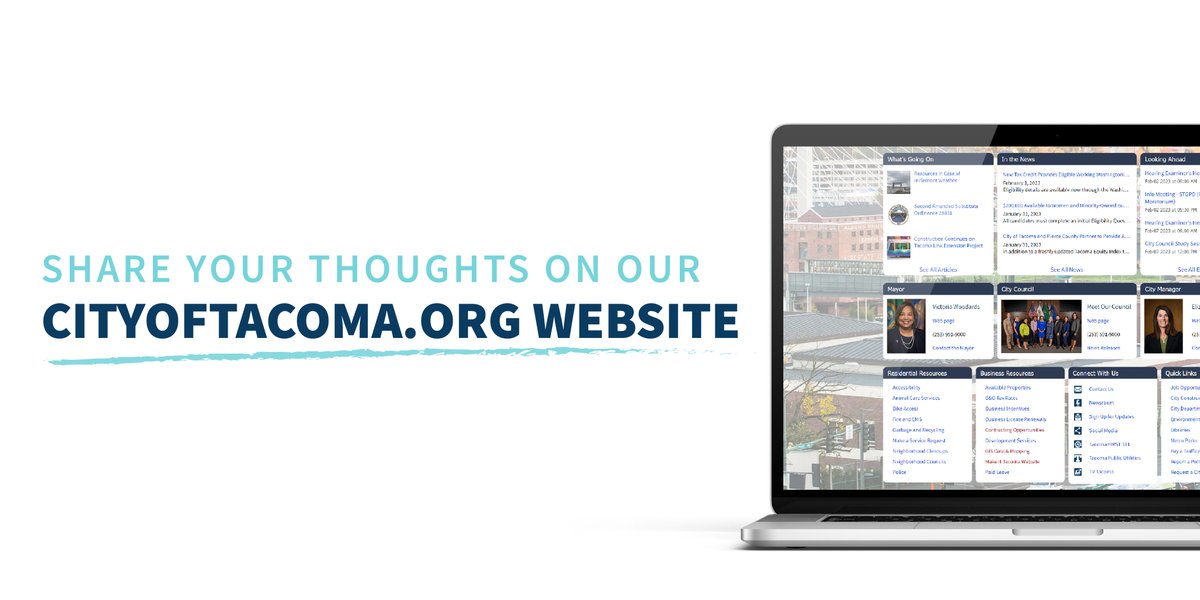 CityofTacoma's tweet photo. What do you think about our https://t.co/2HK6aK5t2g website? 💻 We want to hear from you! Please take our brief survey as we look to make improvements to our site. The survey is available in both English &amp; Spanish at https://t.co/N6RBkQt3p0. https://t.co/e0Zv0lid02