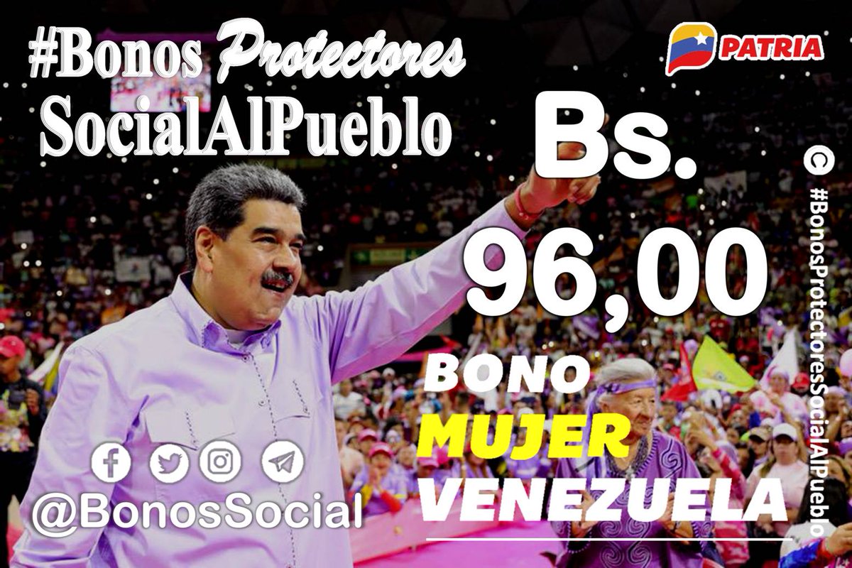 📢 #ENTÉRATE: La entrega del Bono #MujerVenezuela se inicio hoy #10Mar y finalizará el día #20Mar de 2023 a través del #SistemaPatria.

📌 El Bono está llegando tanto a hombres como mujeres.

✅ Monto en Bs. 96,00

<a href="/BonosSocial/">Bonos Protectores Social Al Pueblo</a>
ChávezInmortal