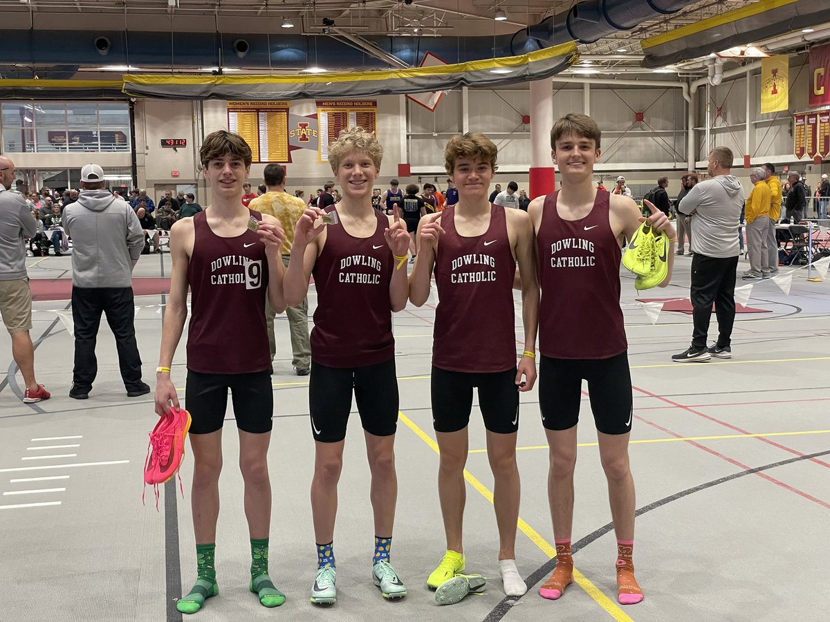 dchstrack's tweet photo. Meet Champs! Derocher, Flori, Wolfe, and Burr are your meet champs in the 4x8. They run a time of 8:14.50. #PursuingExcellence https://t.co/0WnUuGcJNY