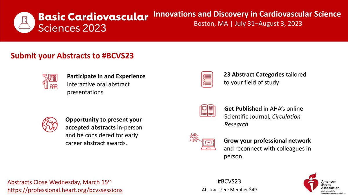 💡Abstracts submission for #BCVS23 still open! 

Get started right here ⤵️

🔗 tinyurl.com/4vmenwcj
RSVP & plan your trip 🎯

♥️ Innovations & Discovery in Cardiovascular Science ♥️

🗓️ July 31–August 3, 2023
Boston, MA

Looking forward to seeing old friends & new faces 😃✌🏽