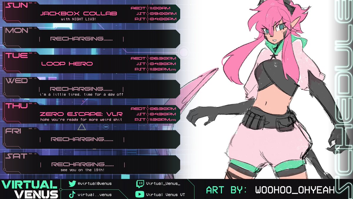 VulcanVirtua's tweet photo. ⚠️STREAM SCHEDULE⚠️
MAR 12 - MAR 18
General: #VirtualVenus
Live: #ViVeLive
Art: #VirtuARTVenus
Art: @/woohoo_ohyeah (model papa) https://t.co/oo5J6tdh9Y