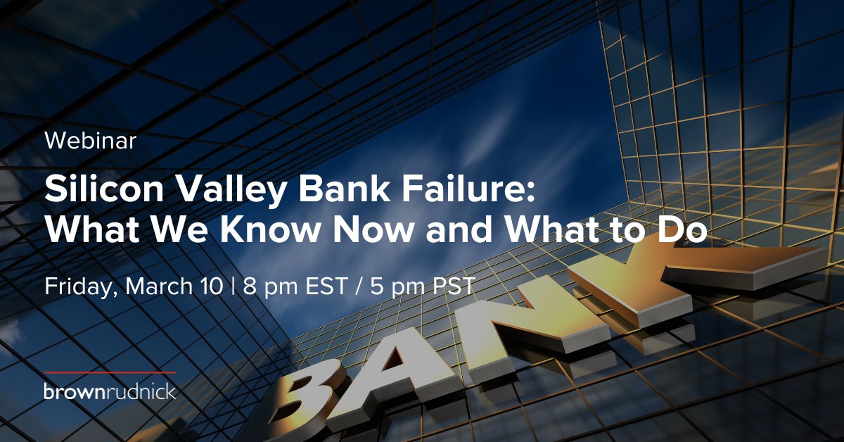 BrownRudnickLLP's tweet photo. Join us tonight at 8 pm EST / 5 pm PST as we discuss the collapse of #SiliconValleyBank, the nation’s 16th largest bank and one of the primary lenders for #startups. The panel will include Partner @stephendpalley.

Join the webinar here: https://t.co/3BMs9lBtPv https://t.co/mjPe1Rzvir