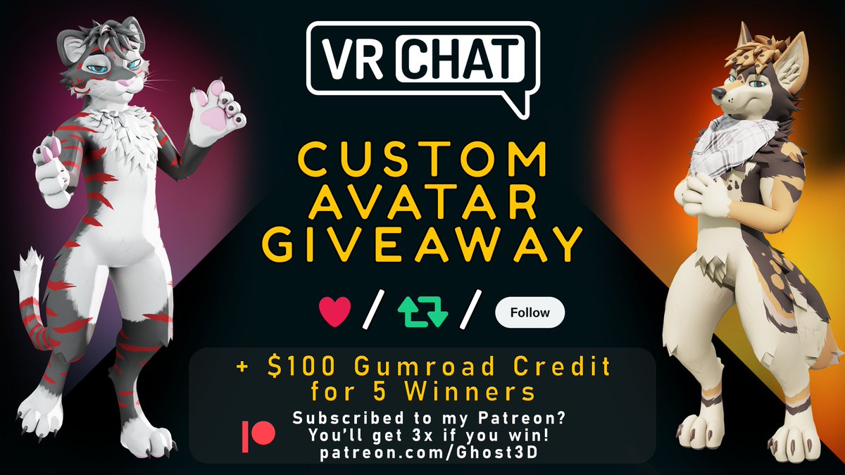 Doing a VRChat avatar raffle! One winner will get a custom VRChat avatar. Five winners will get $100 in Gumroad credit to use on anything in my store. If you happen to be subscribed to my Patreon and win (link in 🧵) then you get $300! Please Retweet, Like & Follow to enter.